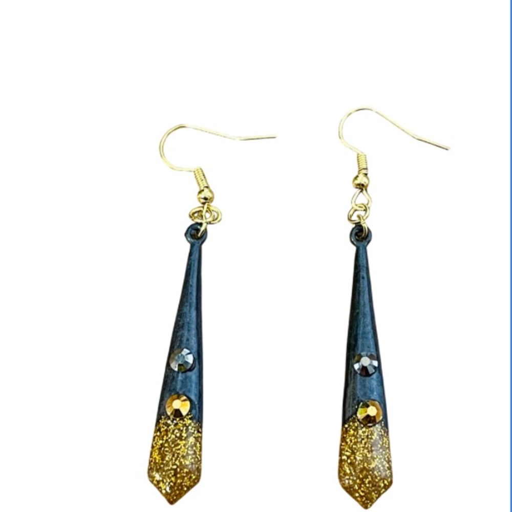 Elegant Glitter Gold and Black Rhinestone Drop Earrings NEW